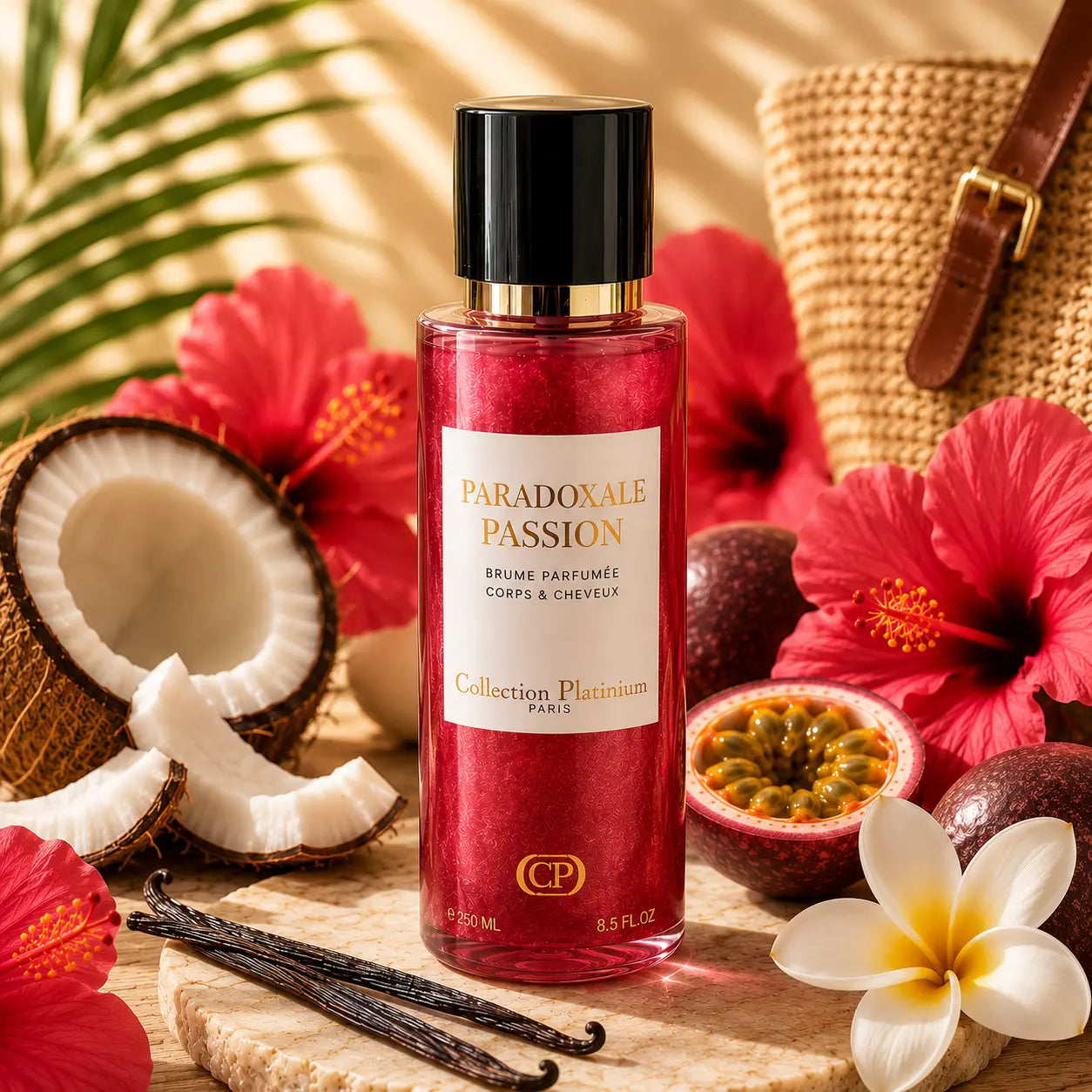 Brume parfumée Paradoxale Passion 250ml corps et cheveux avec notes florales, fruitées et vanillées dans un décor tropical élégant.