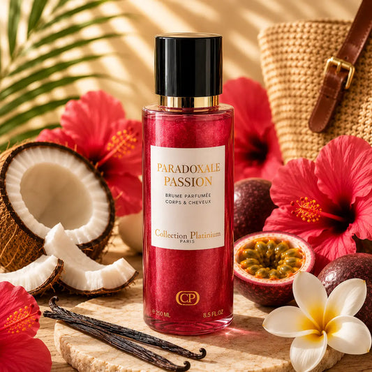 Brume parfumée Paradoxale Passion 250ml corps et cheveux avec notes florales, fruitées et vanillées dans un décor tropical élégant.
