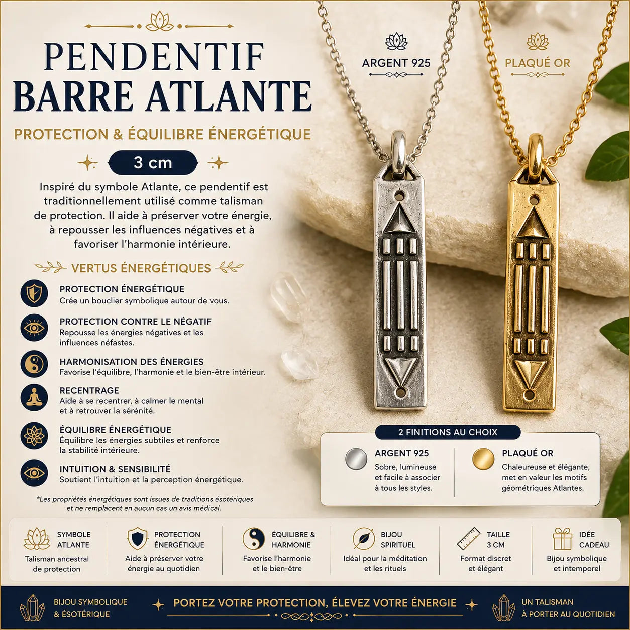 Pendentif Barre Atlante 3 cm argent 925 et plaqué or – bijou talisman de protection et équilibre énergétique