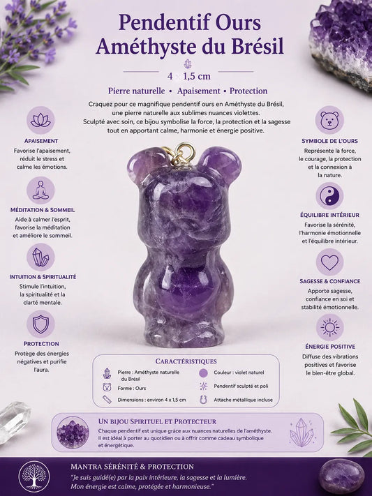Pendentif ours en améthyste naturelle du Brésil violet sculpté, bijou lithothérapie de protection et sérénité.