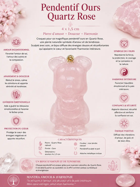 Pendentif ours en Quartz Rose naturel sculpté, bijou lithothérapie symbole d’amour, douceur et harmonie émotionnelle.