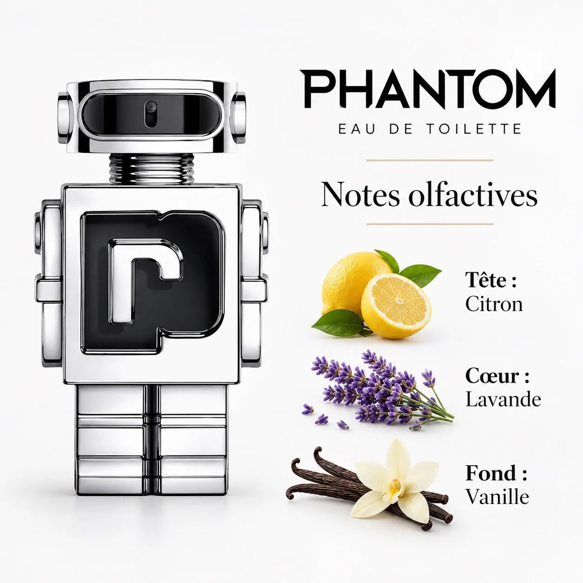 Rabanne Phantom Eau de Toilette Homme 100 ml, flacon robot argenté, notes olfactives citron, lavande et vanille