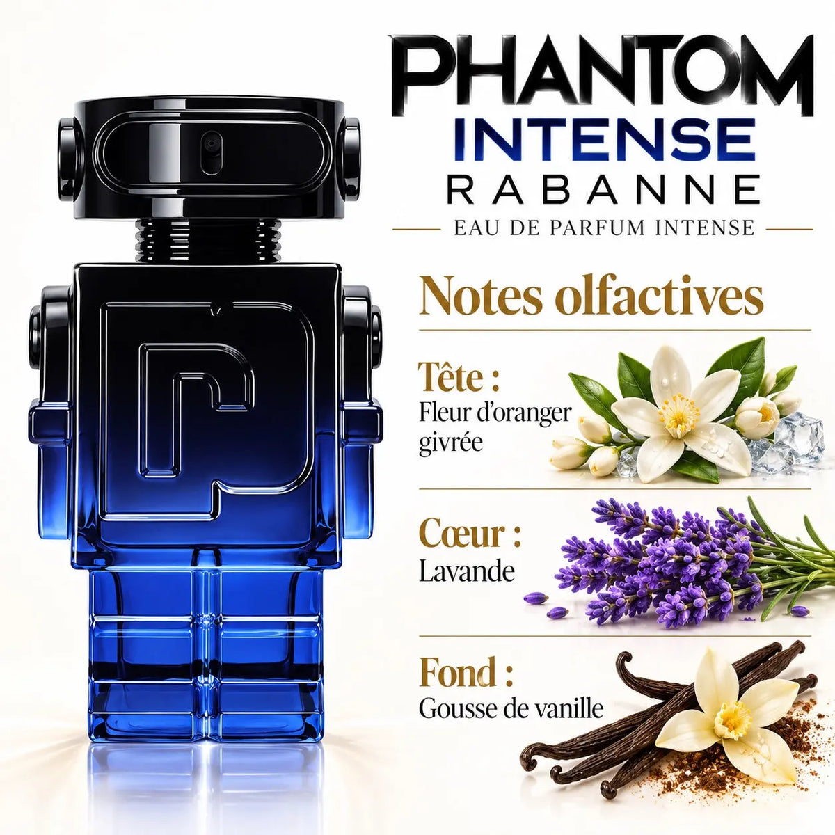 Rabanne Phantom Intense Eau de Parfum Intense Homme 100 ml, flacon robot bleu et noir, fleur d'oranger givrée, lavande et vanille