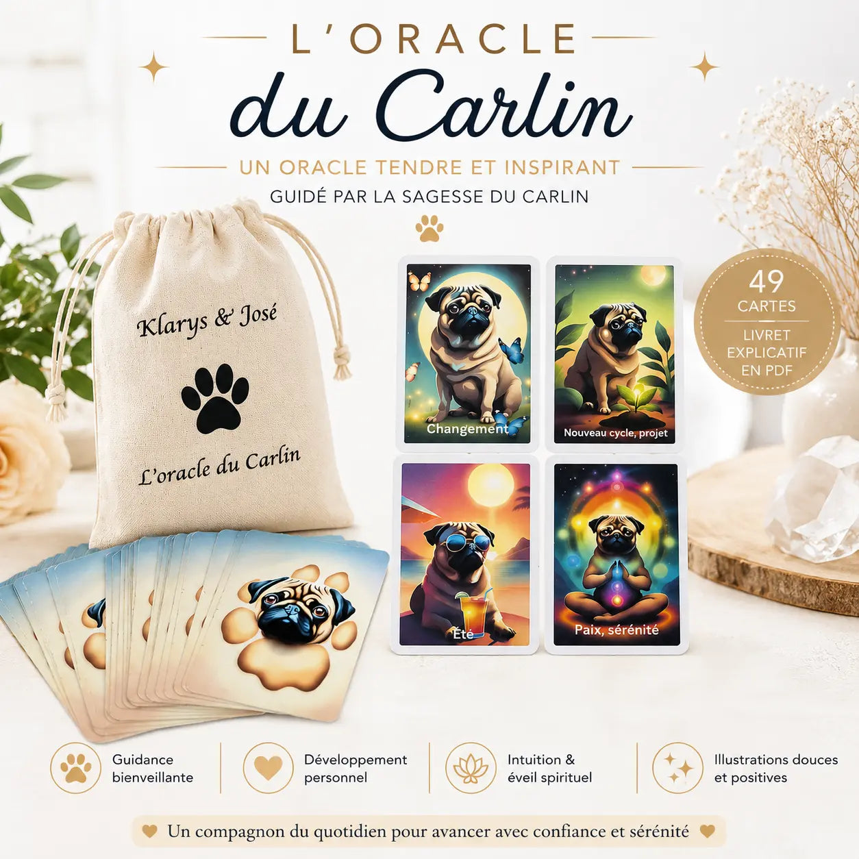 Oracle du Carlin composé de 49 cartes illustrées avec sac en coton et livret PDF, jeu de guidance intuitif et spirituel autour du carlin.
