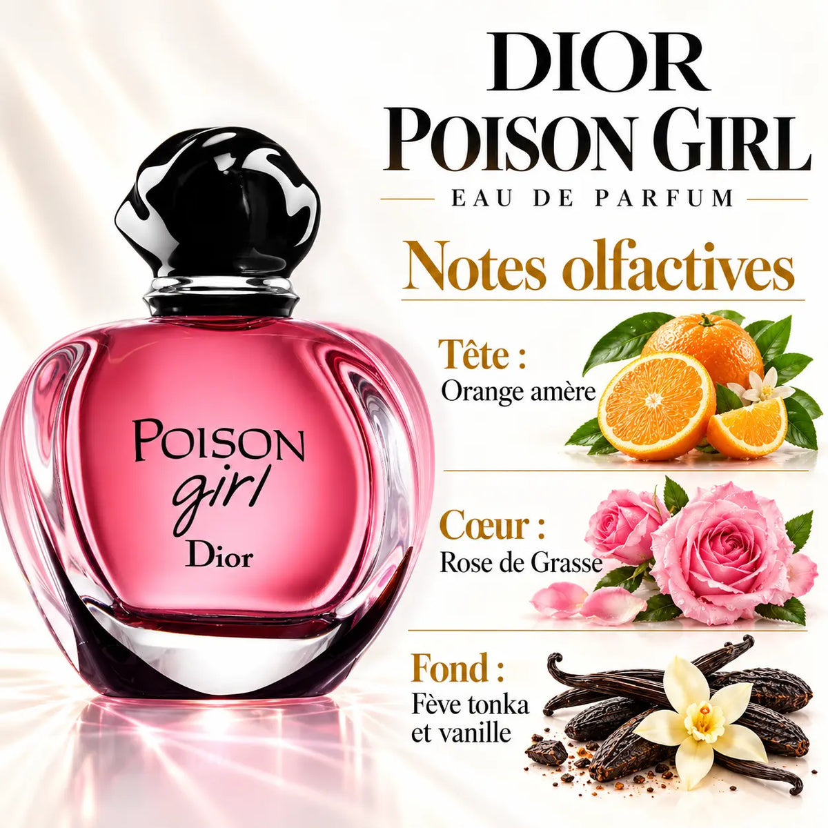 Dior Poison Girl Eau de Parfum Femme 100 ml, flacon rose arrondi avec bouchon noir, notes d'orange amère, rose de Grasse, fève tonka et vanille.