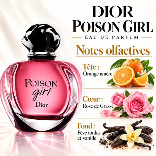 Dior Poison Girl Eau de Parfum Femme 100 ml, flacon rose arrondi avec bouchon noir, notes d'orange amère, rose de Grasse, fève tonka et vanille.