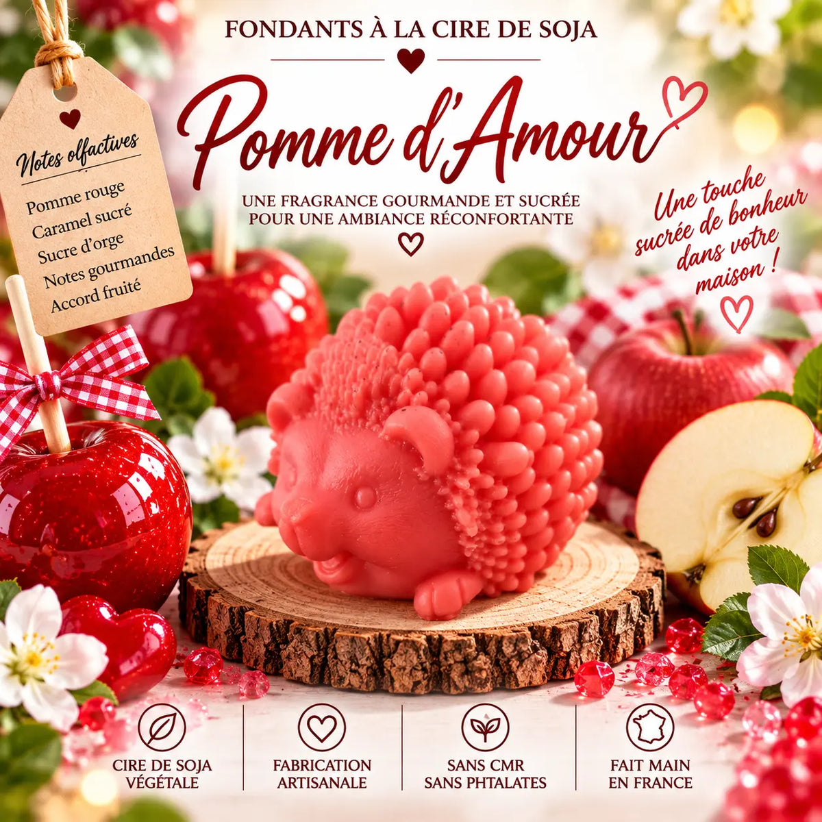 Fondants parfumés Pomme d’Amour en cire de soja artisanaux plusieurs modèles