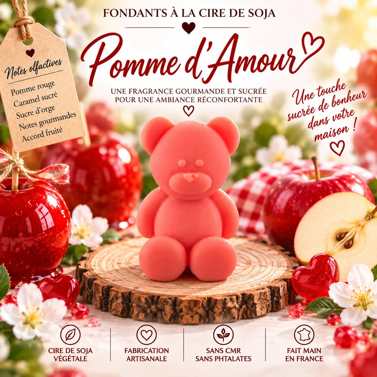 Fondants parfumés Pomme d’Amour en cire de soja artisanaux plusieurs modèles