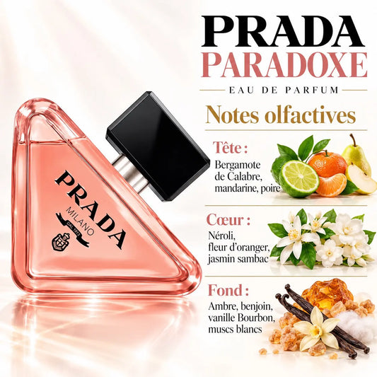 Prada Paradoxe Eau de Parfum Femme 90 ml, flacon triangulaire rose au bouchon noir, notes de bergamote, fleur d'oranger, jasmin et vanille Bourbon.