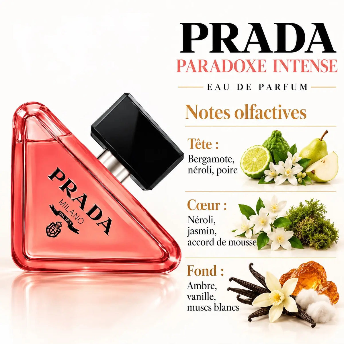 Prada Paradoxe Intense Eau de Parfum Femme, flacon triangulaire rose, notes de poire, néroli, jasmin sambac, mousse, ambre et vanille Bourbon.