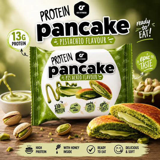 Protein Pancake Pistache Go Fitness 60 g riche en protéines, pancake moelleux fourré à la crème de pistache et au miel avec 13 g de protéines.