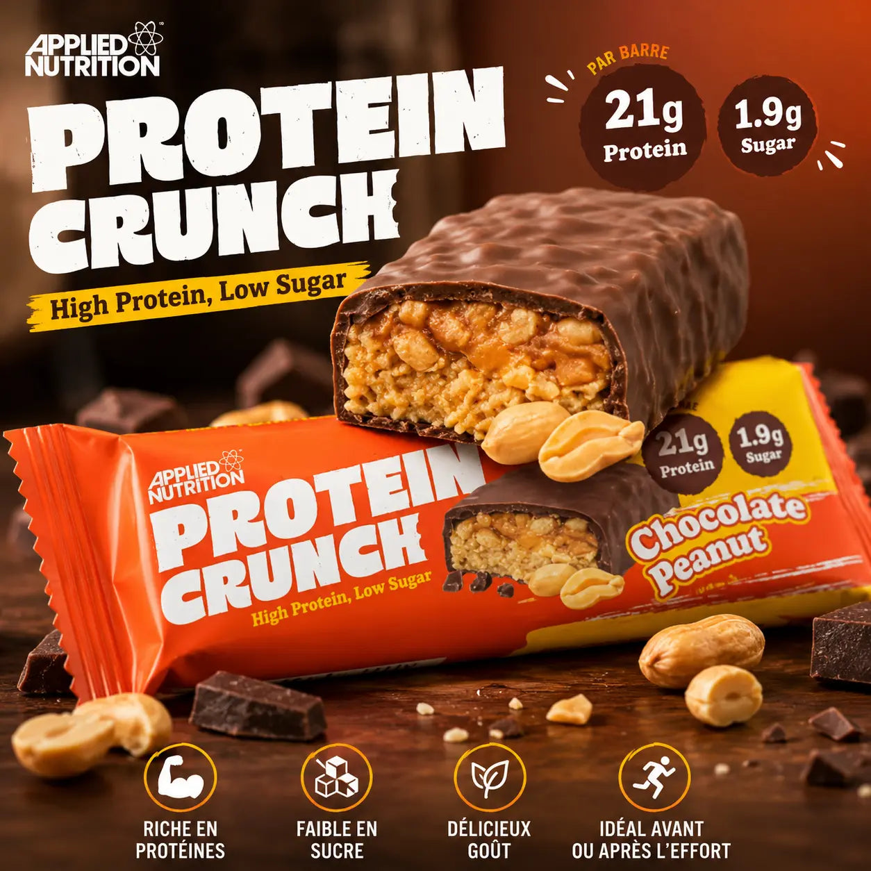 Protein Crunch Bar Applied Nutrition 62 g, barre protéinée gourmande 21 g de protéines avec enrobage chocolat et caramel
