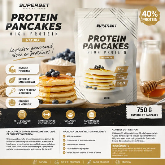 Superset Nutrition Protein Pancakes Natural 750 g, préparation pour pancakes hyperprotéinés avec 40 % de protéines.