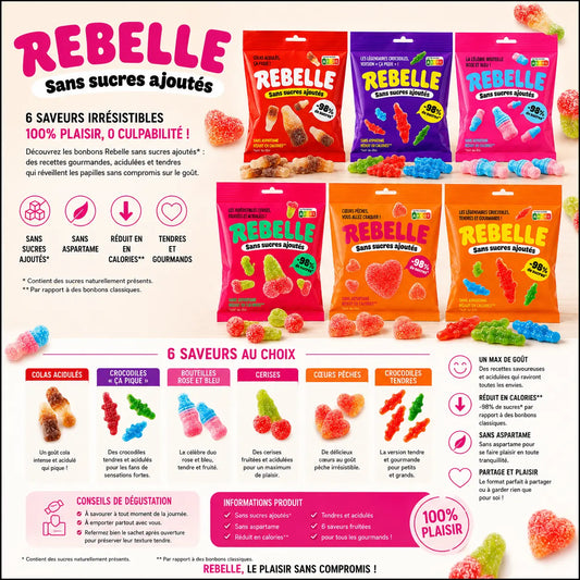 Assortiment de bonbons Rebelle sans sucres ajoutés en 6 saveurs fruitées et acidulées