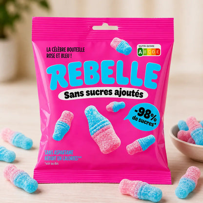 Bonbons Rebelle bouteilles rose et bleu sans sucres ajoutés