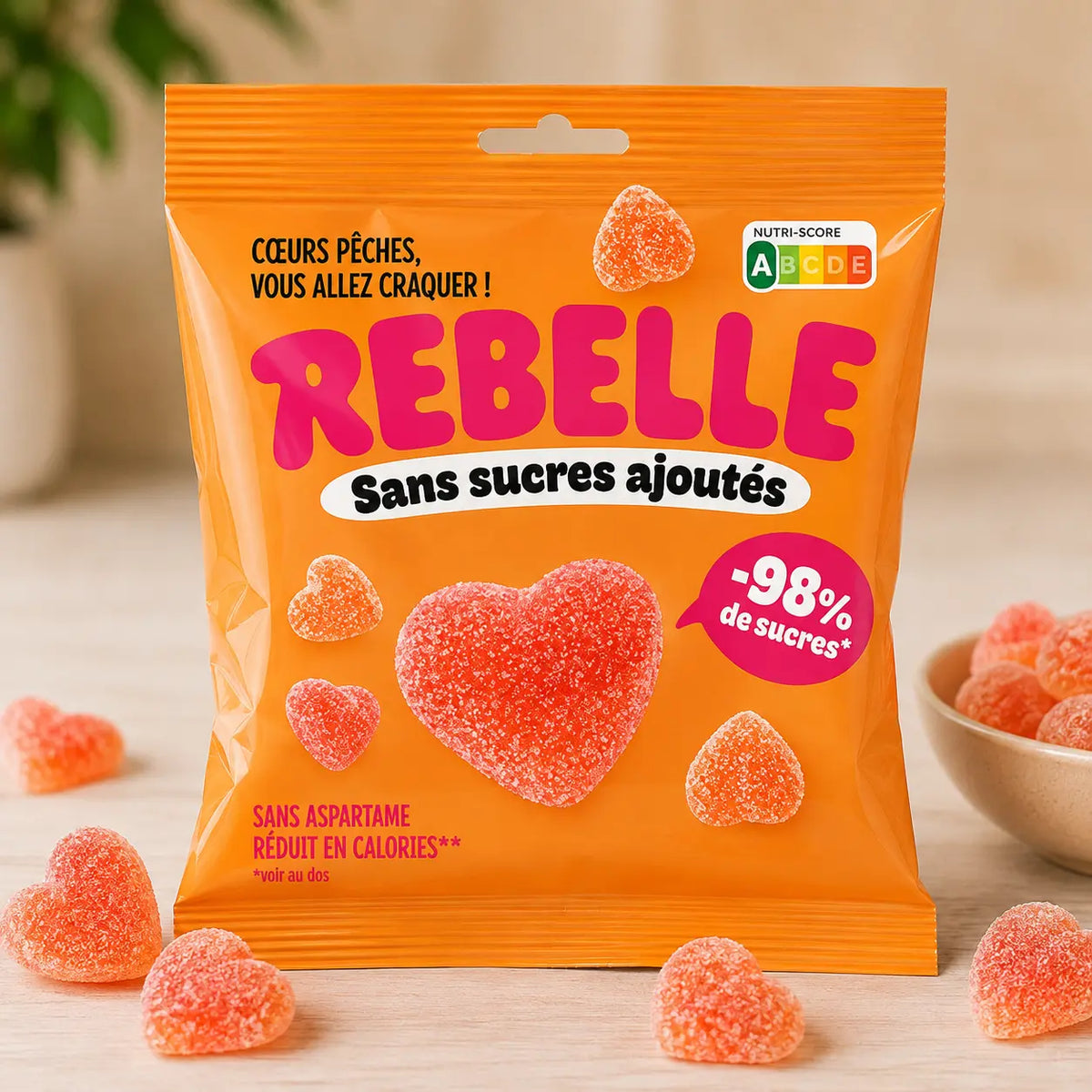 Bonbons Rebelle cœurs goût pêche sans sucres ajoutés