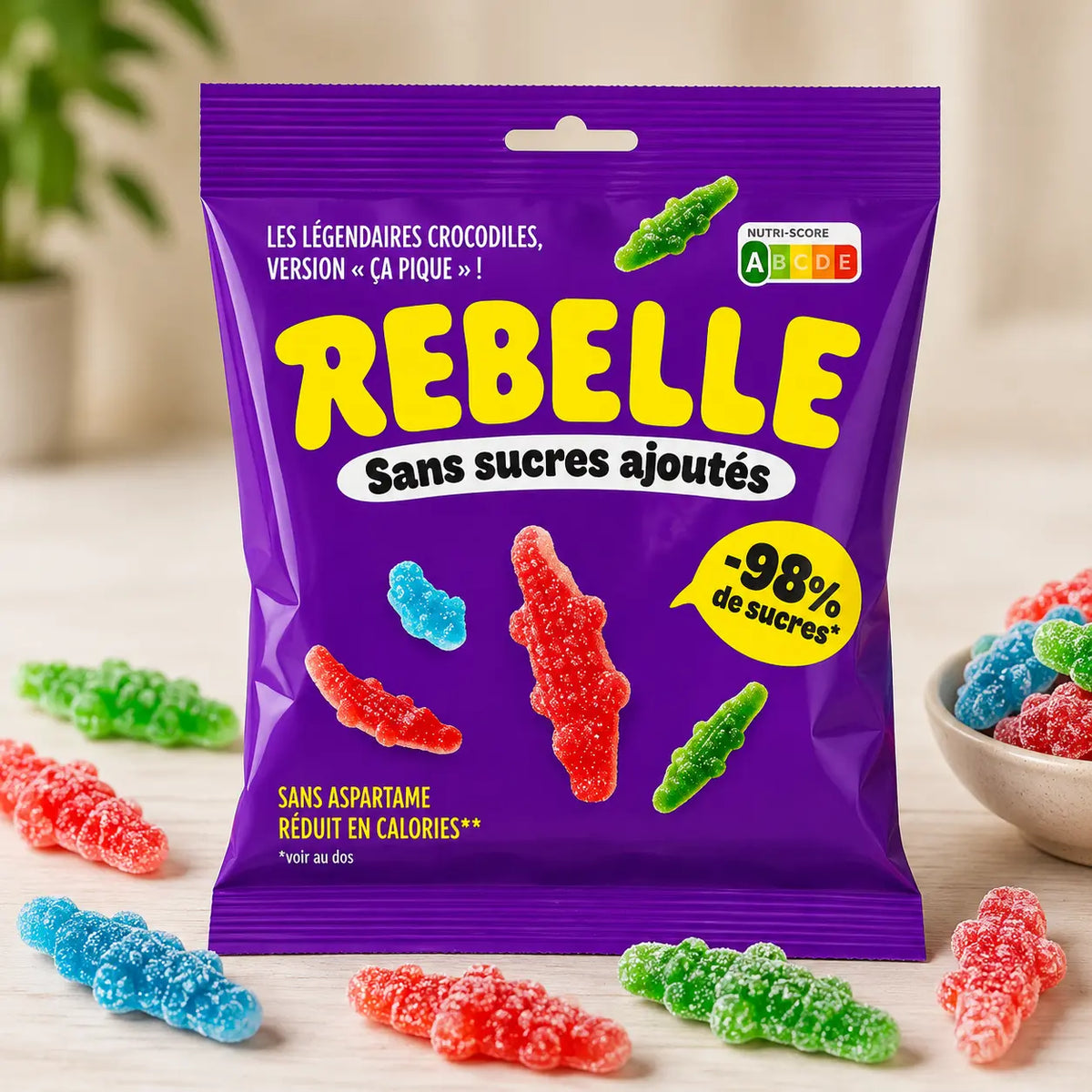 Bonbons Rebelle crocodiles acidulés sans sucres ajoutés multicolores