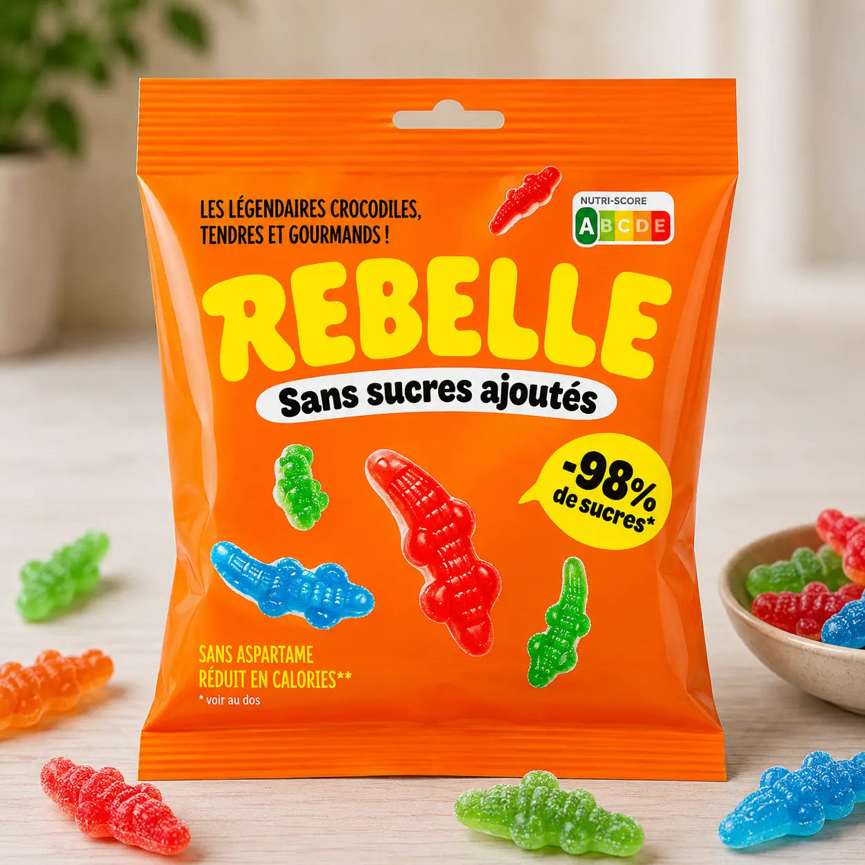 Bonbons Rebelle crocodiles tendres fruités sans sucres ajoutés multicolores