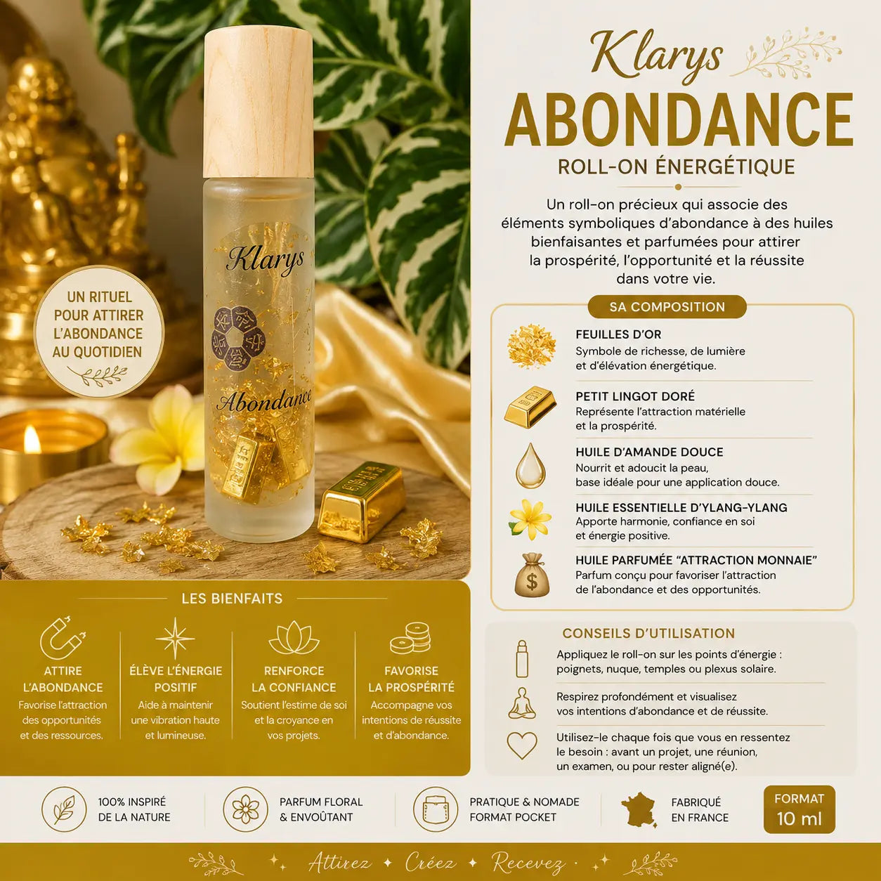Roll-on Abondance Klarys 10 ml avec feuilles d’or, petit lingot doré, huile d’amande douce et ylang-ylang