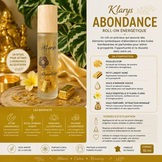 Roll-on Abondance Klarys 10 ml avec feuilles d’or, petit lingot doré, huile d’amande douce et ylang-ylang