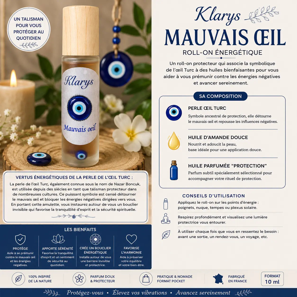 Roll-on Mauvais Œil Klarys 10 ml avec perle œil turc et huile d’amande douce