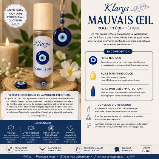 Roll-on Mauvais Œil Klarys 10 ml avec perle œil turc et huile d’amande douce
