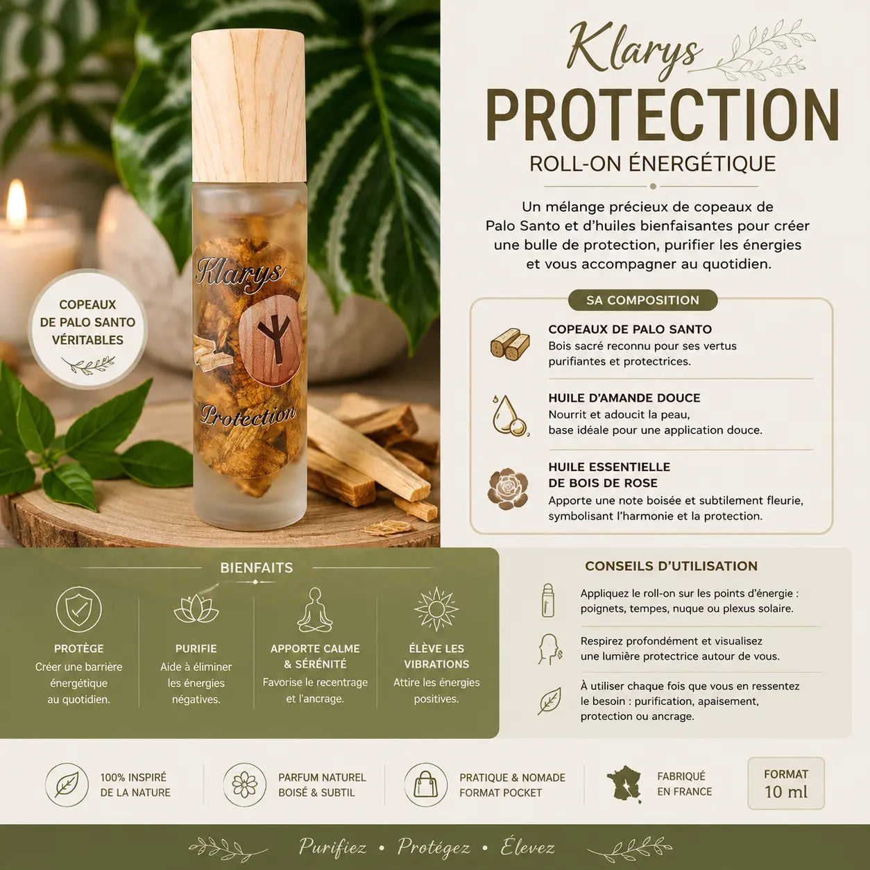 Roll-on Protection Palo Santo Klarys avec huile d'amande douce et bois de rose