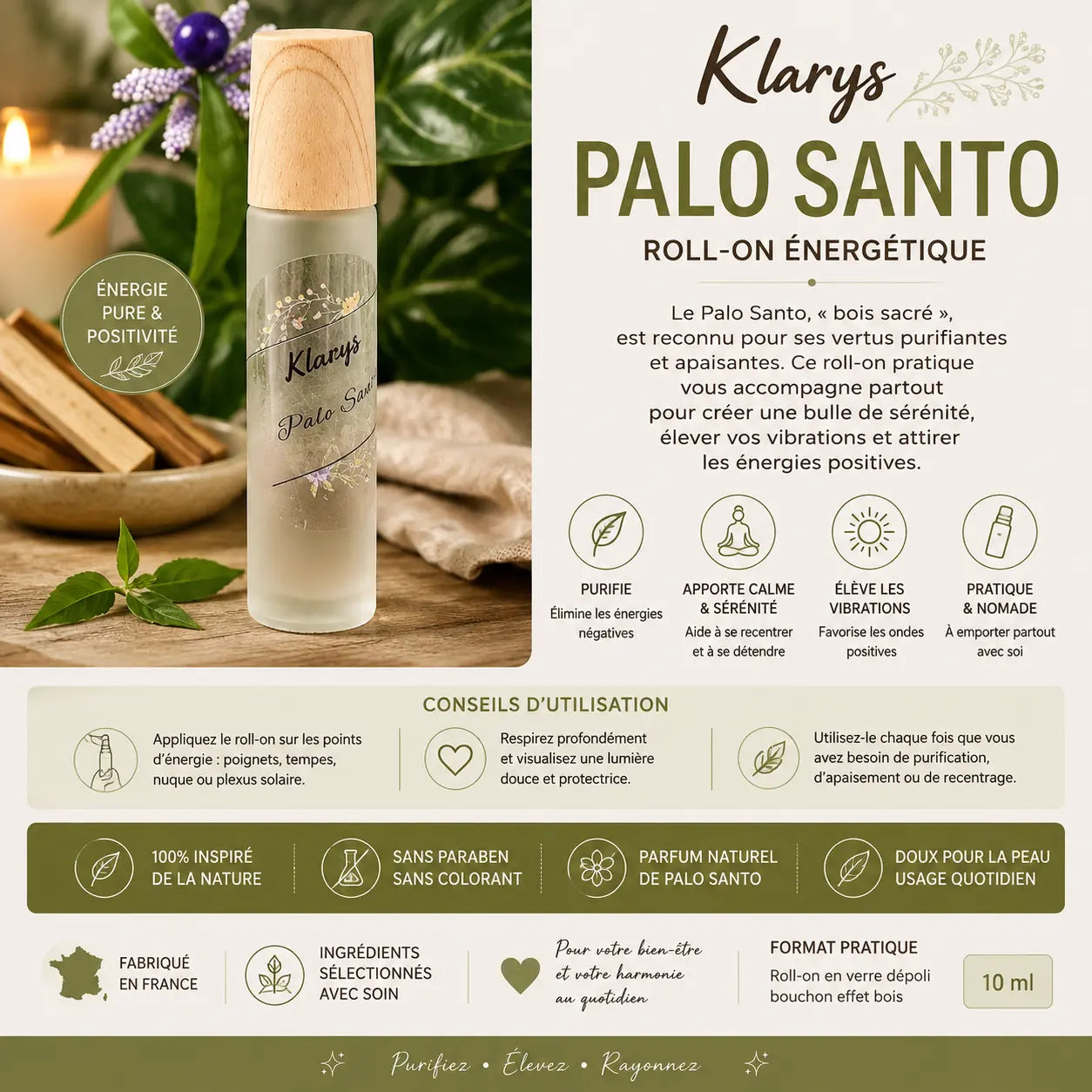 Roll-on Palo Santo 10 ml pour rituel de méditation et relaxation