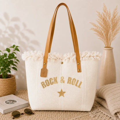 Grand sac cabas Rock & Roll en toile épaisse avec anses longues et fermeture pression style bohème chic