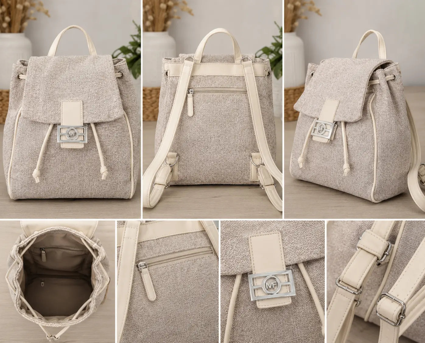 Sac à dos femme beige et camel en tissu texturé avec fermeture par cordon et bouton pression, posé sur fond intérieur clair.