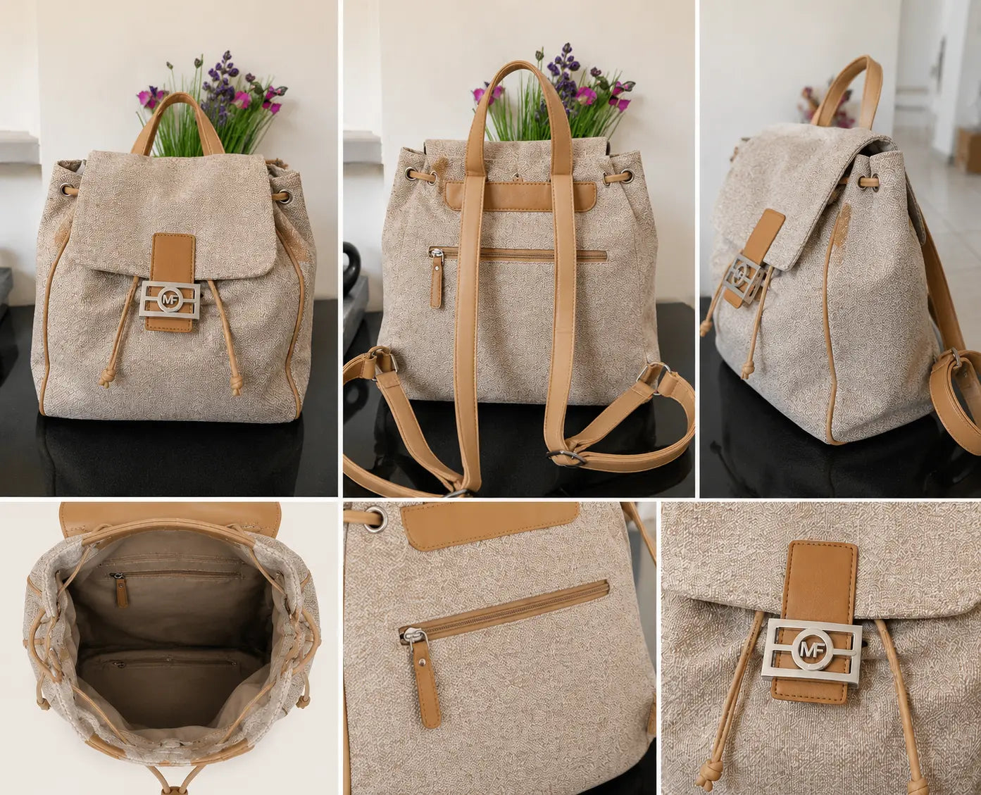 Sac à dos femme beige et camel en tissu texturé avec fermeture par cordon et bouton pression, posé sur fond intérieur clair.