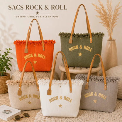 Grand sac cabas Rock & Roll en toile épaisse avec anses longues et fermeture pression style bohème chic