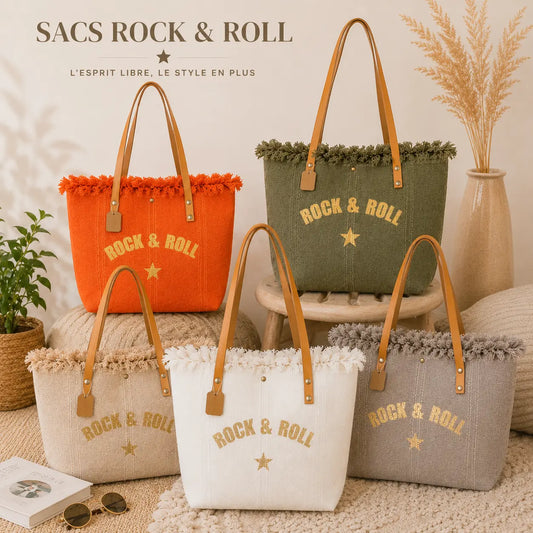 Grand sac cabas Rock & Roll en toile épaisse avec anses longues et fermeture pression style bohème chic