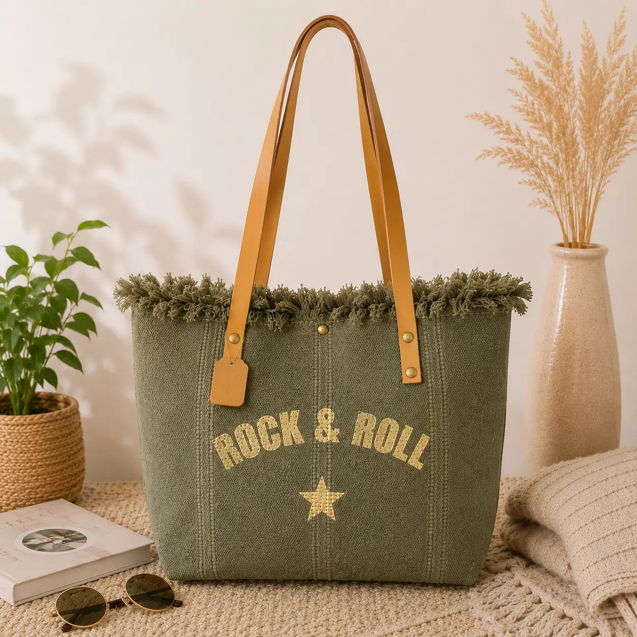 Grand sac cabas Rock & Roll en toile épaisse avec anses longues et fermeture pression style bohème chic