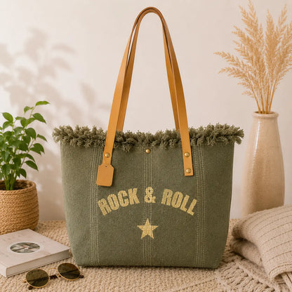 Grand sac cabas Rock & Roll en toile épaisse avec anses longues et fermeture pression style bohème chic