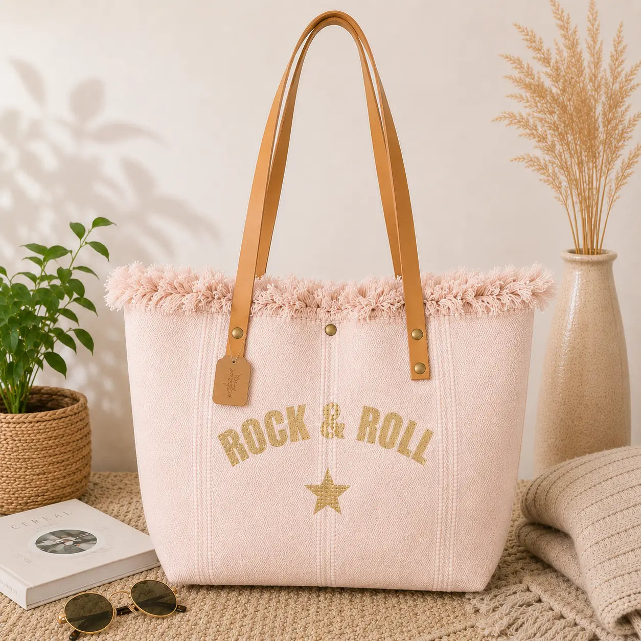 Grand sac cabas Rock & Roll en toile épaisse avec anses longues et fermeture pression style bohème chic