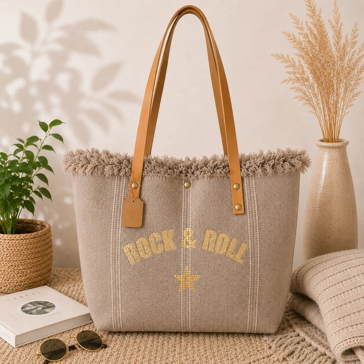Grand sac cabas Rock & Roll en toile épaisse avec anses longues et fermeture pression style bohème chic