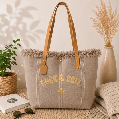 Grand sac cabas Rock & Roll en toile épaisse avec anses longues et fermeture pression style bohème chic