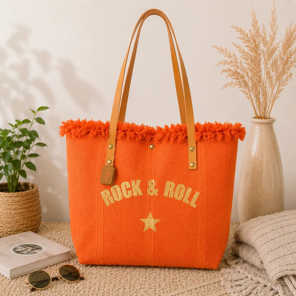 Grand sac cabas Rock & Roll en toile épaisse avec anses longues et fermeture pression style bohème chic
