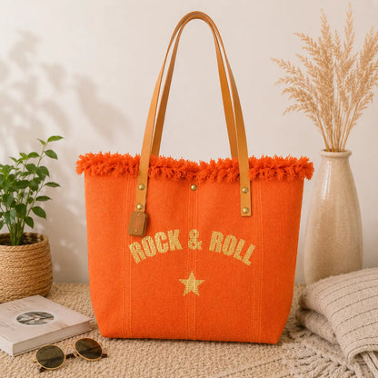 Grand sac cabas Rock & Roll en toile épaisse avec anses longues et fermeture pression style bohème chic