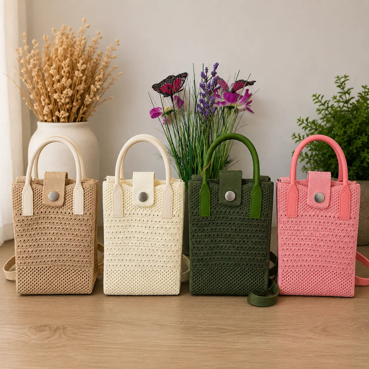 Sac téléphone femme en crochet avec anse plastique rigide disponible en plusieurs couleurs tendance.