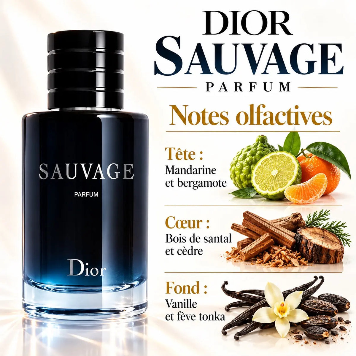 Dior Sauvage Parfum Homme 100 ml, flacon bleu nuit, notes de mandarine, bergamote, santal, cèdre, vanille et fève tonka.