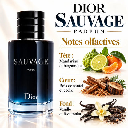 Dior Sauvage Parfum Homme 100 ml, flacon bleu nuit, notes de mandarine, bergamote, santal, cèdre, vanille et fève tonka.
