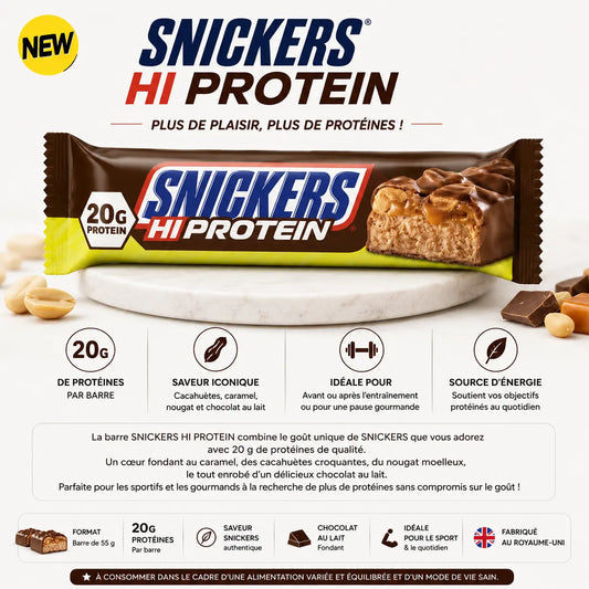 Snickers Hi Protein barre protéinée 55 g avec 20 g de protéines saveur cacahuète caramel chocolat