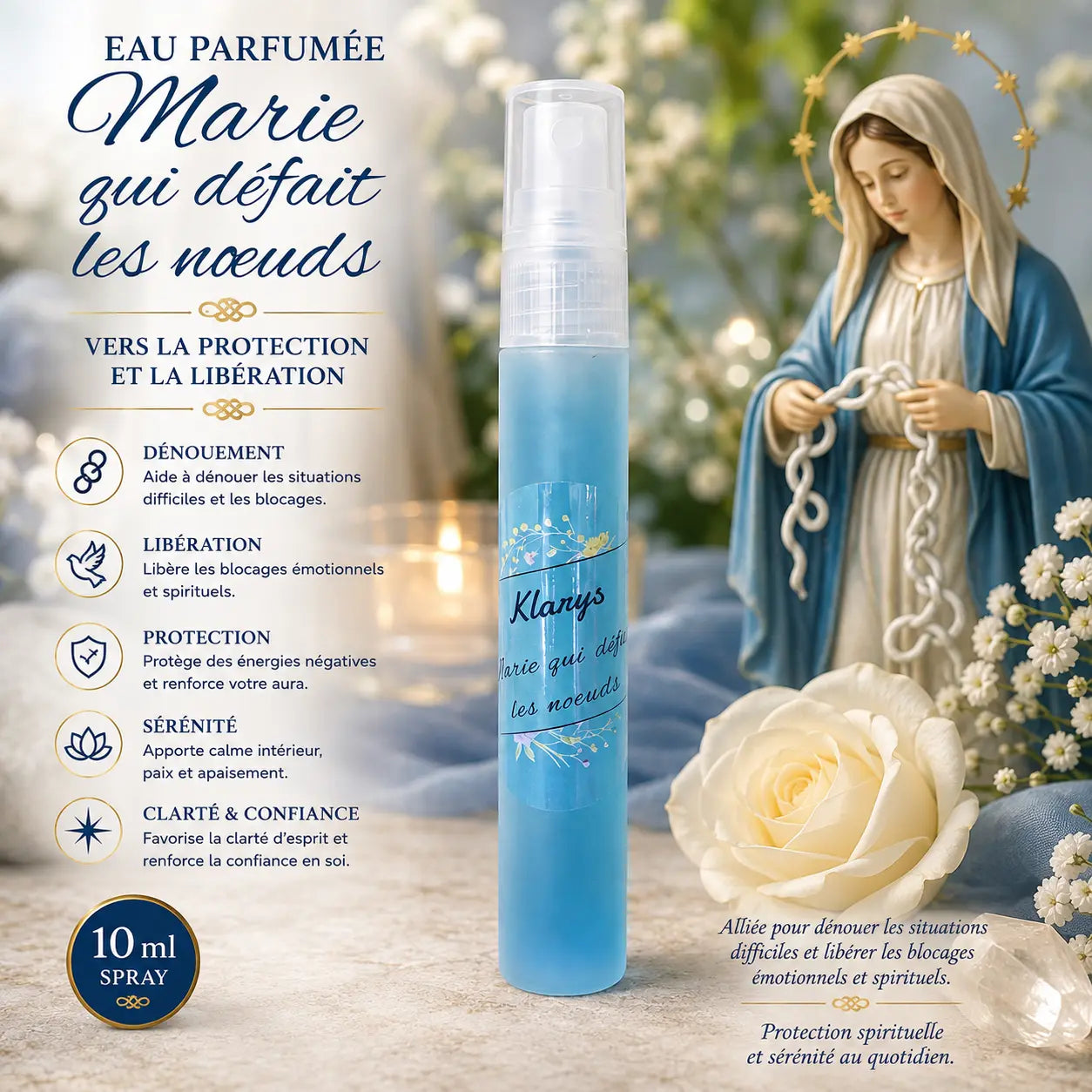 Eau Marie qui défait les Nœuds 10 ml avec symbolique de protection, libération et sérénité