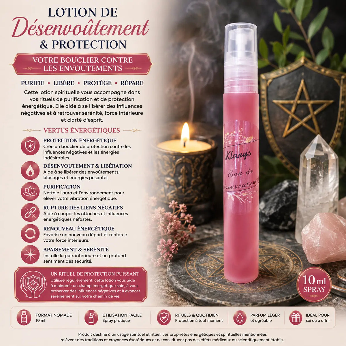 Lotion de désenvoûtement et protection 10 ml en spray pour rituel de purification énergétique