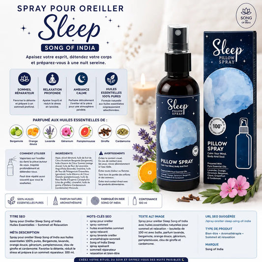 Spray pour oreiller Sleep Song of India 100 ml aux huiles essentielles de lavande, bergamote, orange douce, géranium, pamplemousse, girofle et cardamome