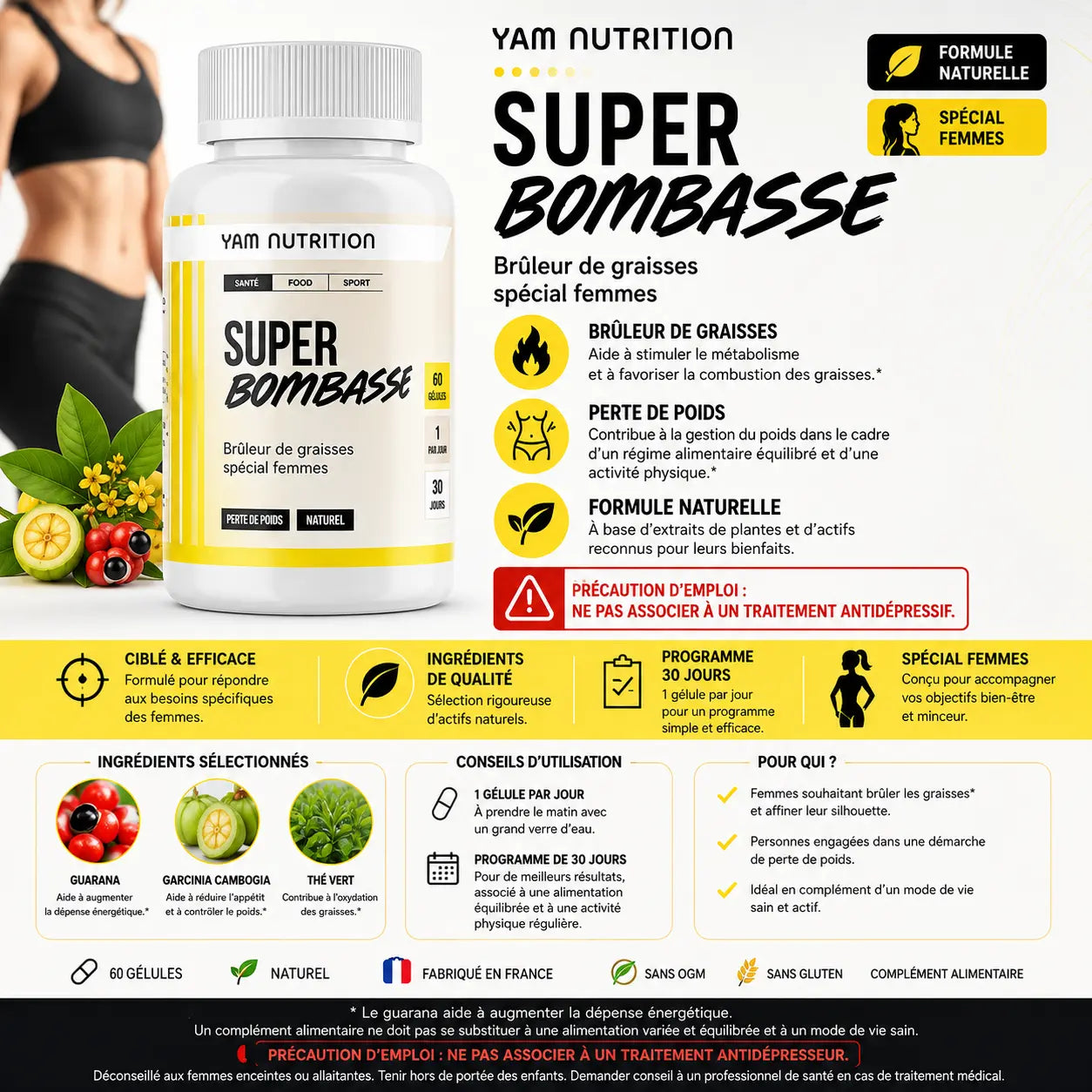 Super Bombasse – Brûleur de Graisse Femmes Puissant – Coupe-Faim – Guarana & Thé Vert – YAM Nutrition Yam Nutrition