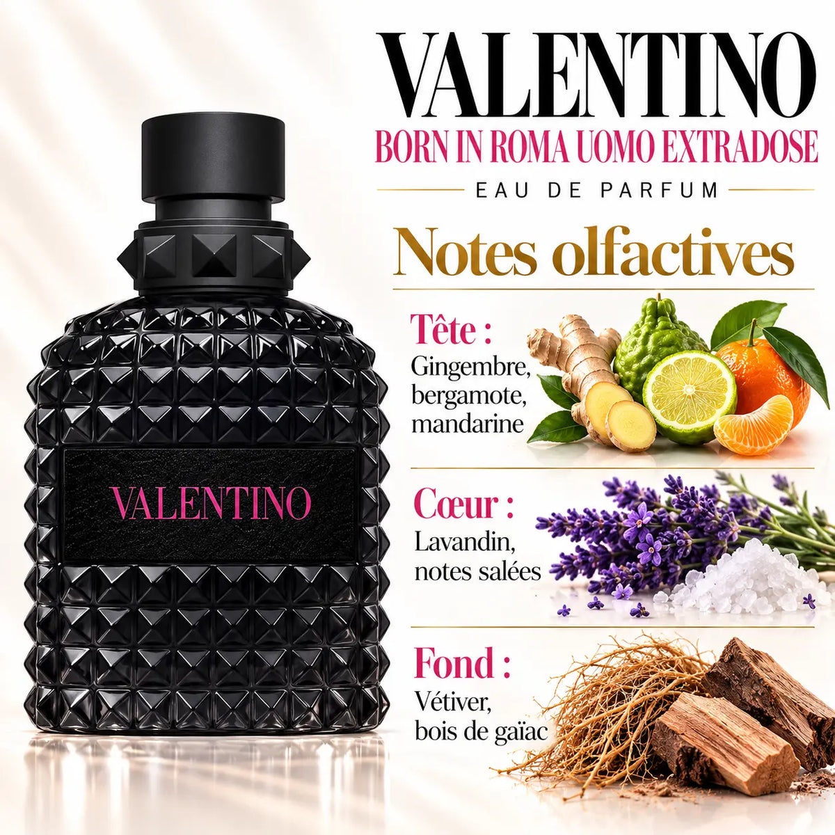 Valentino Born in Roma Uomo Extradose 100 ml, flacon noir Rockstud, parfum homme aux notes de gingembre, bergamote, lavandin, vétiver et bois de gaïac