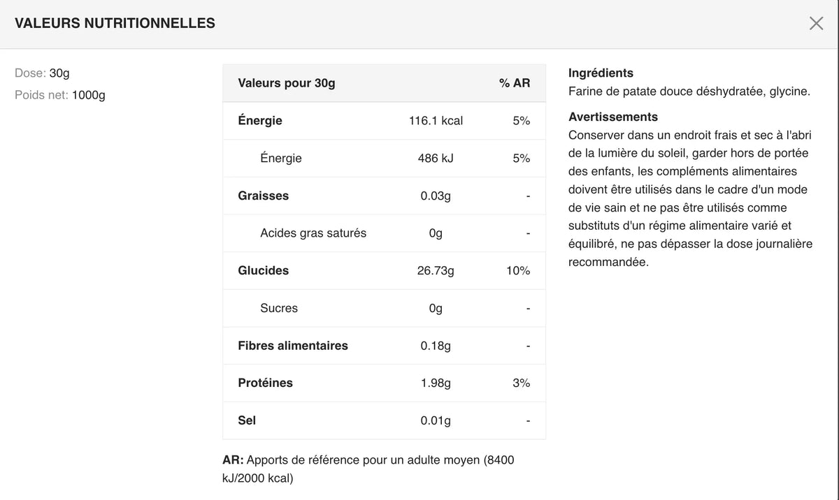 Farine de patate douce YAM Nutrition 1 kg pour pancakes, gaufres et recettes sucrées ou salées.